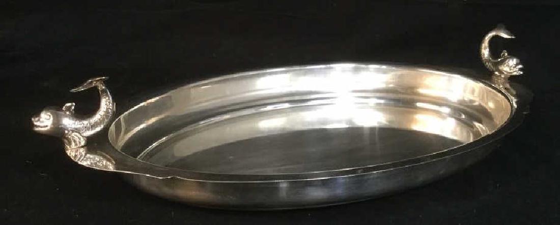 ETON Silver Fish Adorned Platter w Insert: Vintage platter, serving Tray, Centerpiece, with fish handles Econ, large glass Pyrex style insert oven safe, platter measures app 22 inches by 11 inches, ht app 4.5 inches, fish turn to allow insert