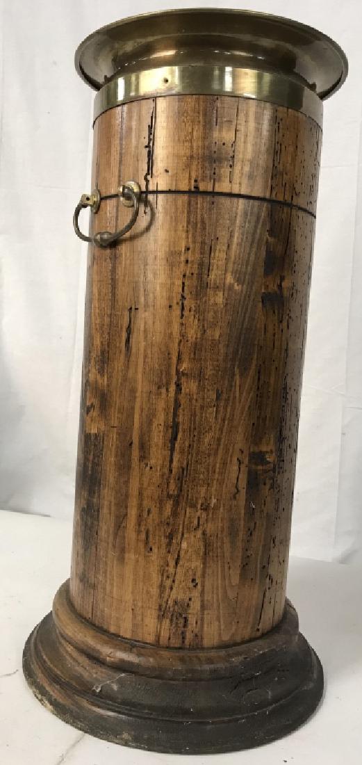 Antique Brass Mounted Wooden Umbrella Stand: Antique Brass Mounted Wooden Umbrella Stand, 23 in x 8 in, possibly fruitwood, Cylindrical with two handles on pedestal base, good condition, Planter, umbrella stand, Vase, Fruitwood, Antique, 5