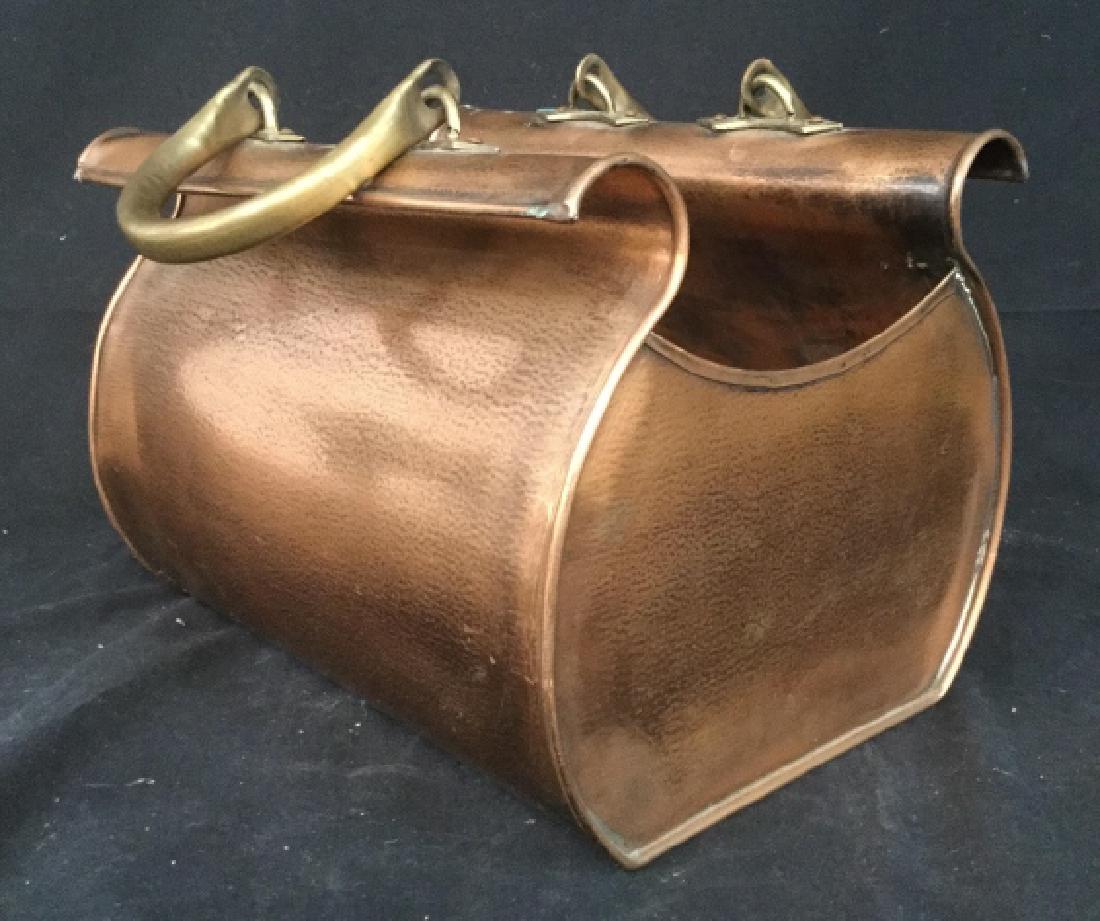 Hand Crafted Copper Brass Bucket Vessel: Copper bucket in doctors bag form as firewood holder, fireplace accessory. Decorative vessel, up cycle planter, bin, Cache Pot, decorative accessory, arts and crafts, measures ht turned rim app 9 inch