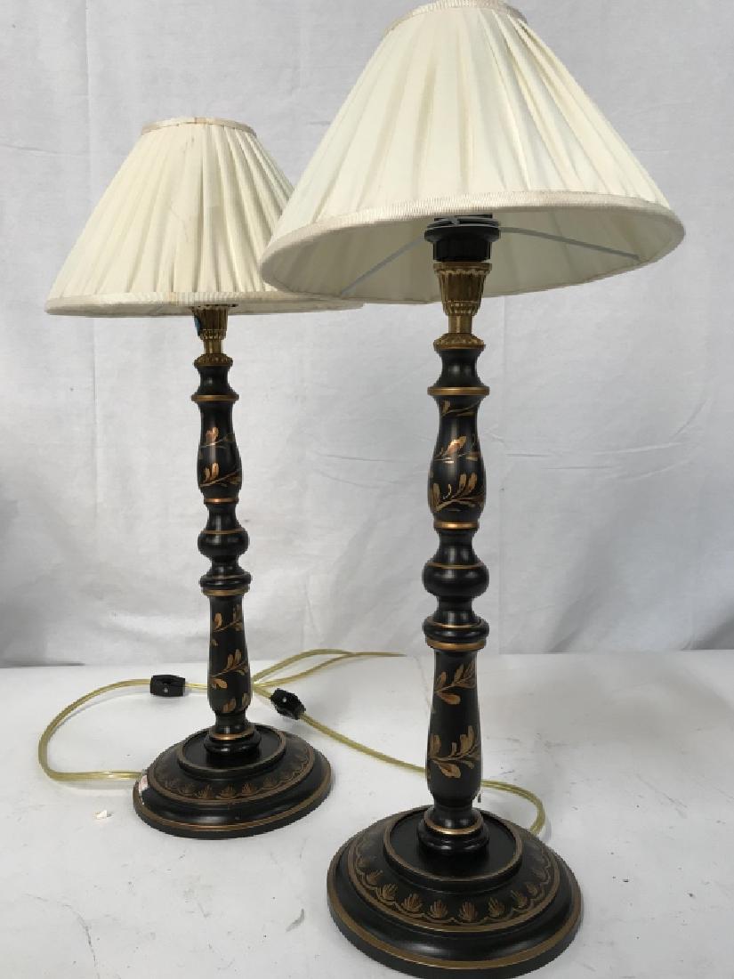 Pair Toleware Lamps: Pair Toleware Lamps, 20 in x 6 in, good condition, painted gold floral design on black ground, with pleated shades, Bedroom Lamps, Table lamps, Toleware, Lighting, English Style Lighting, 5