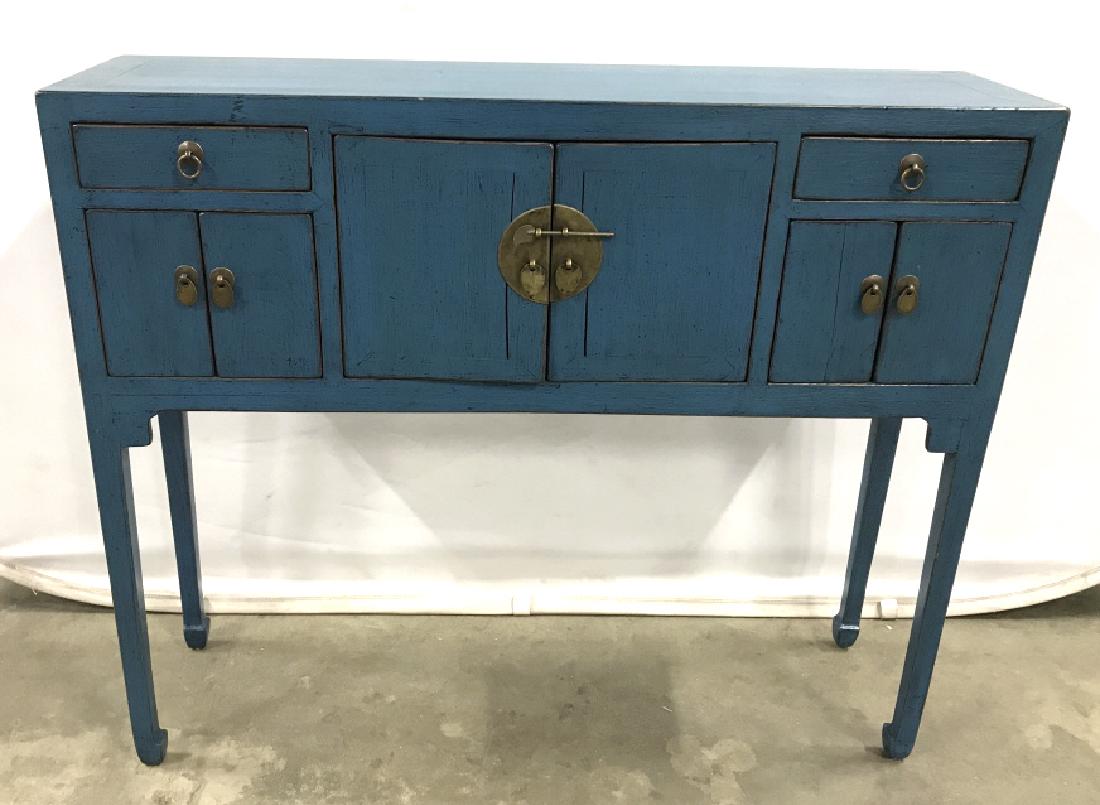 Asian Cerulean Blue Tone Wood Petite Sideboard: Petite Chinese Asian style wooden sofa table / sideboard, cerulean blue in tone with brass hardware. Professionally wet distressed to reveal dark tone wood. Piece measures approx 33.5 inches in height