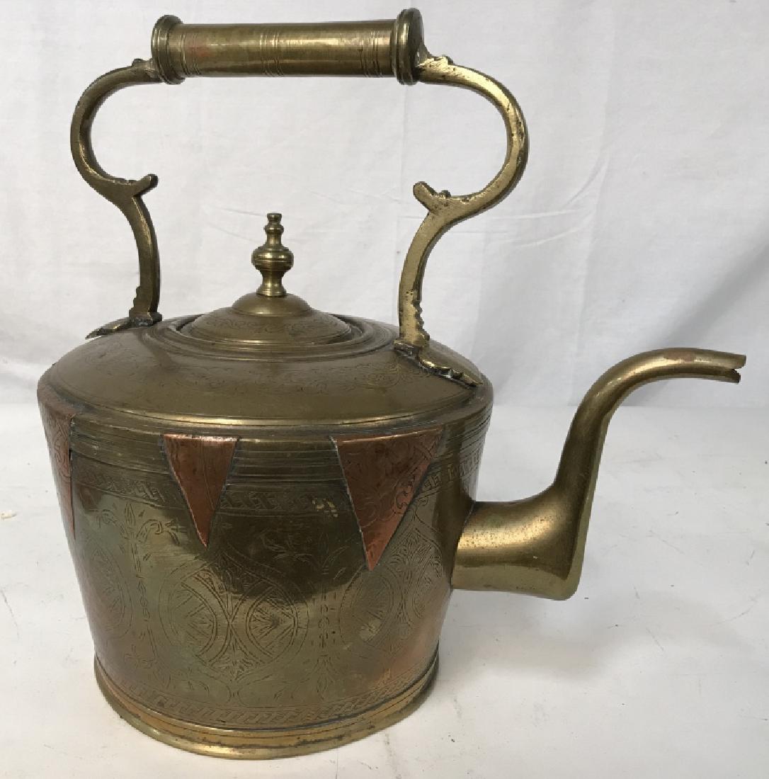 Mixed Metal Middle Eastern Kettle: Mixed Metal Middle Eastern Kettle, 14 in x 15in, good condition, incised designs to outside, Tea Kettle, Water Kettle, Lidded Kettle, Copper, Brass, kitchenware, Fireplace Utensils, Decorative Kitchen