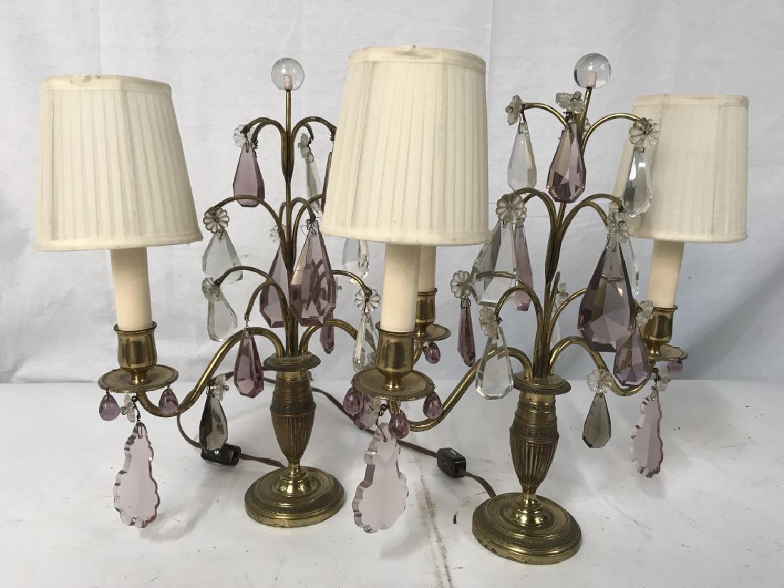 Pair Vintage Table Lamps: PAIR Vintage Table Lamps, 14 in x 12 in, good condition, amethyst crystals, on brass double armed on columnar stems, Crystal Lamps, Lighting, Table Lamps, Bedroom Lamps, 5
