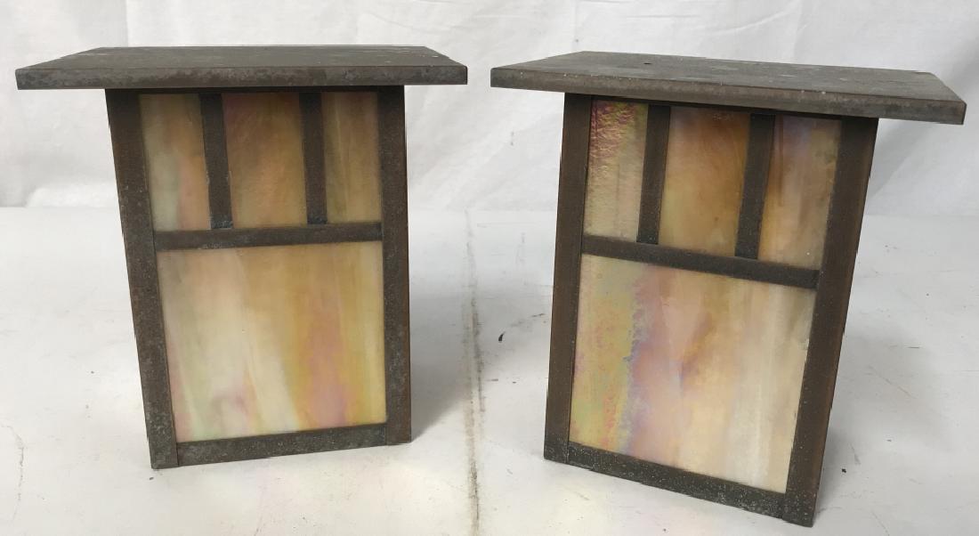 Pair Arts and Crafts Style Outdoor Wall Sconces: Pair Arts and Crafts Style Outdoor Wall Sconces, 9 in x 7 in x 51/2 in, good condition, label read Arts and Crafts Style, Art Glass, Tiffany art glass inspired, Mission Style, Slag Glass, Opalescent G