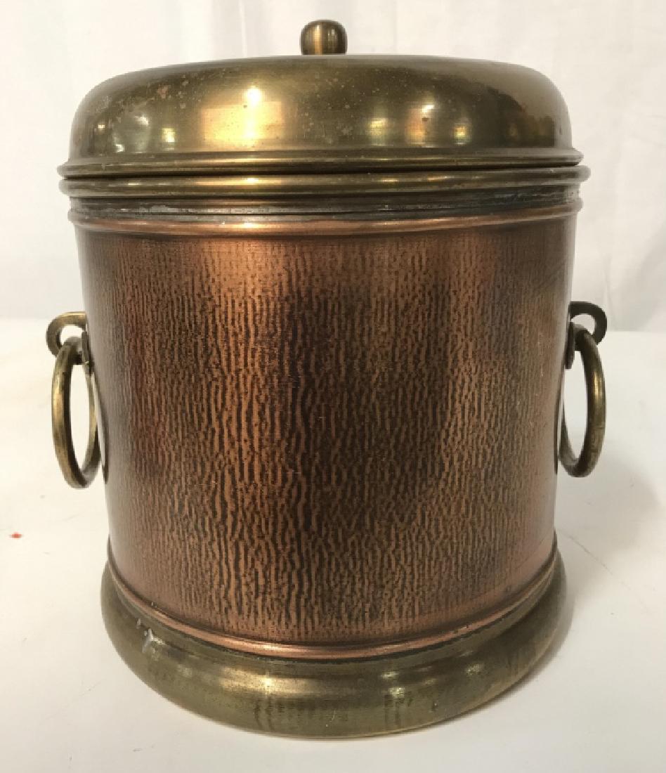 Vintage Mixed Metal Ice Bucket: Vintage Mixed Metal Ice Bucket, 10 in x 10 in, cylindrical form, copper toned body, ring side handles, good condition, Ice Bucket, Copper, Metal Ice Bucket, Brass, Planter, kitchenware, Barnard, 5