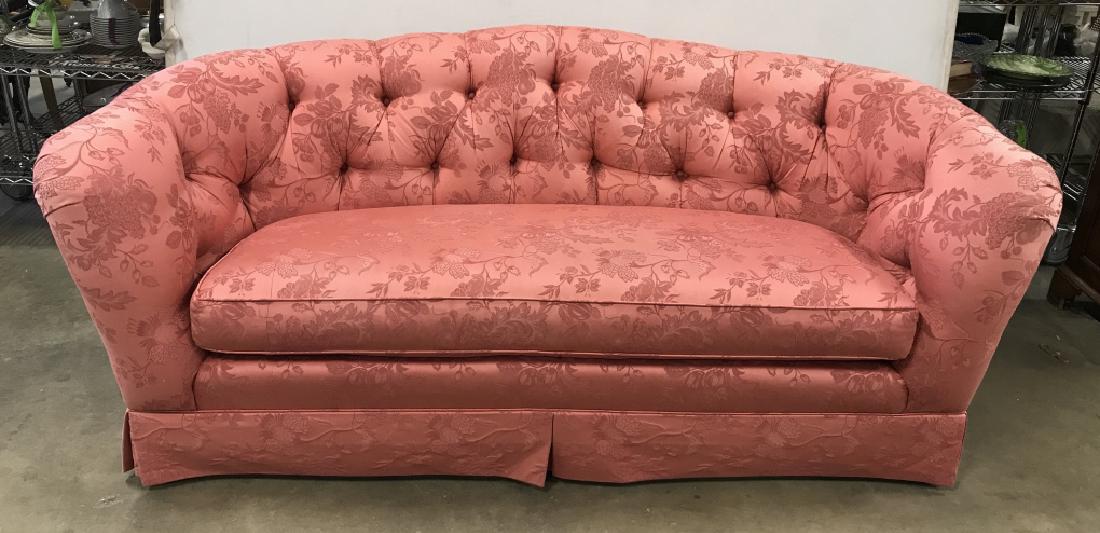 Ethan Allen Chesterfield Style Tufted Sofa: Ethan Allen Chesterfield style tufted silk upholstered sofa. Upholstery is rose pink in tone with floral pattern. Measures approx 34 inches in height by 80 inches in width by 38 inches in depth. Tag f