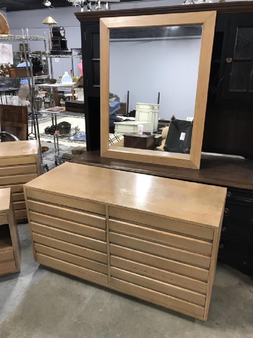 Set 5 MCM SLIGH Cross Country Bedroom Set: Set 5 Mid Century Modern SLIGH Cross Country Bedroom Set consisting of one side by side 8 Drawer Dresser, two smaller dressers with 4 drawers each, a night stand and a large wall mirror, all marked wi