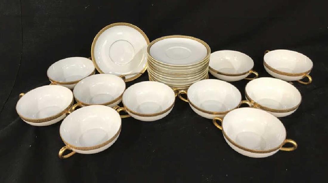 EPIGE ROYAL Porcelain Consommé Soup Set: Porcelain tableware, place setting, includes 13 under plates diameter 6 inches, and double handled soup bowls handles measures app 6.5 inches width, White with embossed gold rims and handles, marked u