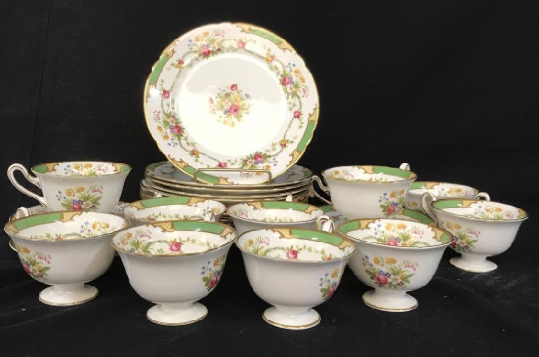 SHELLEY English Porcelain Dessert Set, Dubarry: Each marked underside Fine Bone China Shelley, England, Dubarry, 13536, porcelain dessert set includes 12 plates diameter 8 inches, 11 saucers, and 11 coffee or tea cups, tableware, English collectibl