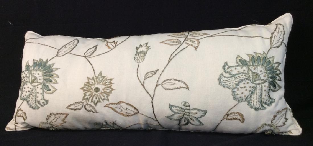 Oversized Custom Upholstered Pillow: Oversized Custom Upholstered Pillow, 14 in x 32in, good condition, cream ground with floral embroidery, Earth tones, Pillow, Upholstery, Hand Sewn, embroidery, Custom, Throw Pillow, 5