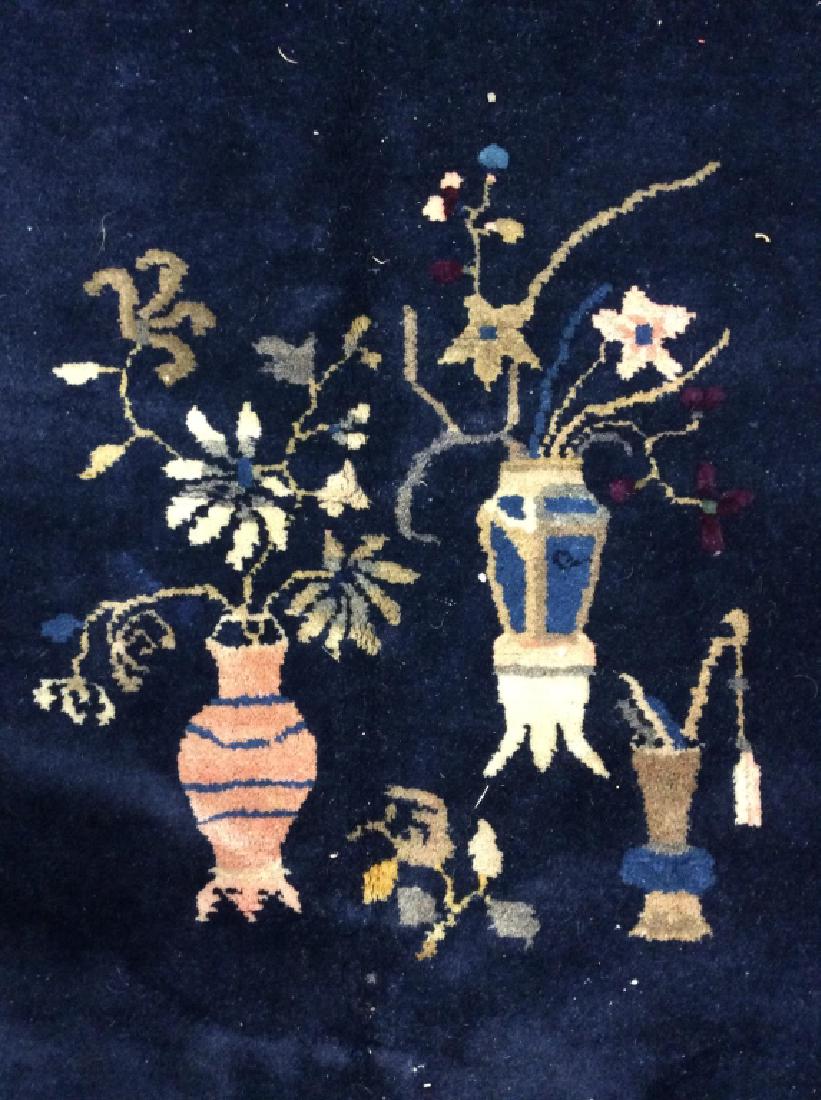 Handmade Chinese Art Deco Wool Pile Rug: Rug is handmade & wool pile. Contains tones of blue, beige, coral, magenta, purple & tan. Contains floral, leaf, vine, & vase detail. Handmade rug, wool pile rug, area carpet, area rug, handmade carpe