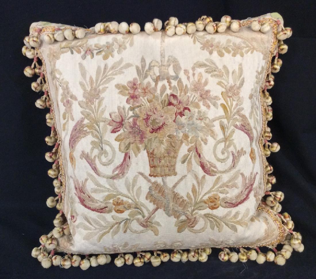 Antique Down Filled Needlepoint: Antique Down Filled Needlepoint, 18 in x 18 in, good condition, welting gold and cream round tassels, throw pillow, toss pillow, home accessory, home decoration Property from a Wilton Ct Estate, 5