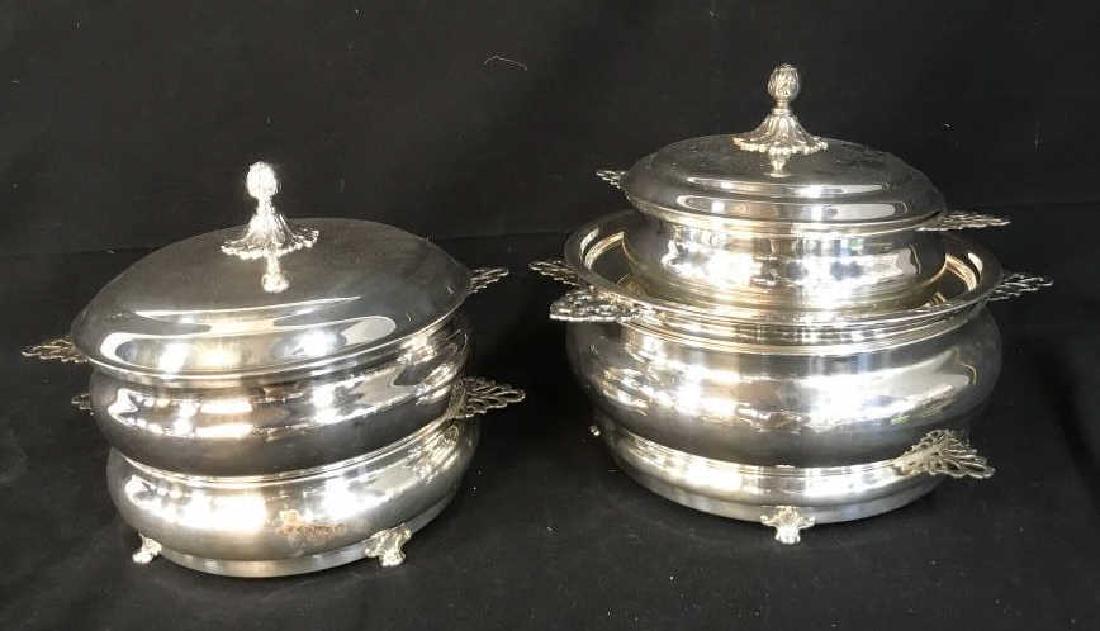 Saks Fifth Avenue Silver Pl Serving Dishes, USA: Bowls, hollow ware, serving vessels, tableware, table top accessories, marked underside for Saks Fifth Avenue, and Made in USA, largest measures ht double stack w Lid 10 inches diameter to handles app