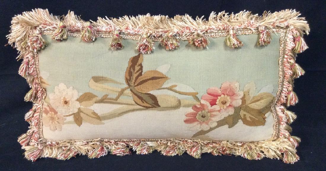 Antique Needlepoint Cushion: Antique Needlepoint Cushion, 17 in x 9, good condition, golds, pinks, and Browns, tassels welting, Custom Upholstered, Luxury Accessories, Pillows, Cushions, Needlepoint, Tassels, throw pillow, toss p