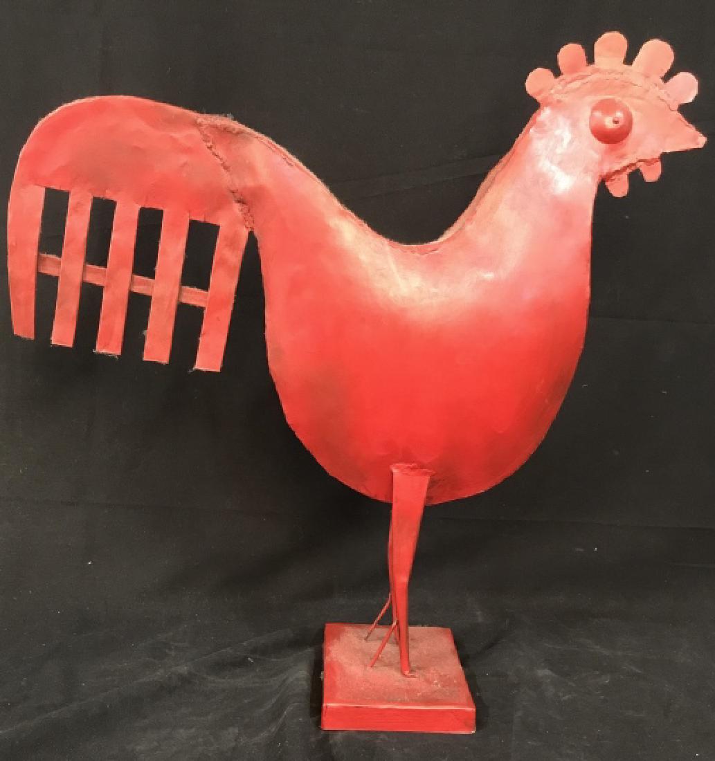 Folk Art Red Metal Rooster: Hand crafted Metal sculpture of chicken or rooster, painted red, measures app ht app 23 inches by length 23 inches, depth app,6 inches, arts and crafts, country decorative arts, folk art, farm house c