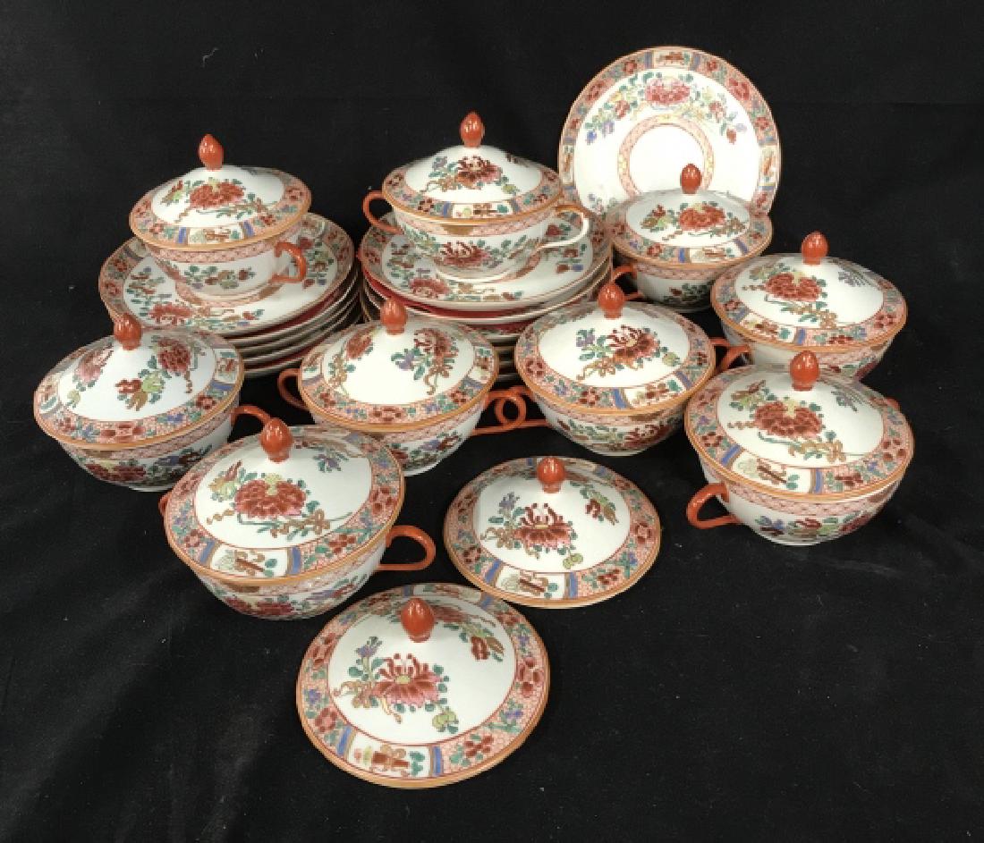 Imari Japanese Soup Saucers Lids Porcelain: Double handled soup bowls with lids and under plates, place settings, tableware, Asian decorative arts, set includes 9 bowls, 11 lids, 12 under plates measure 6 inches diameter