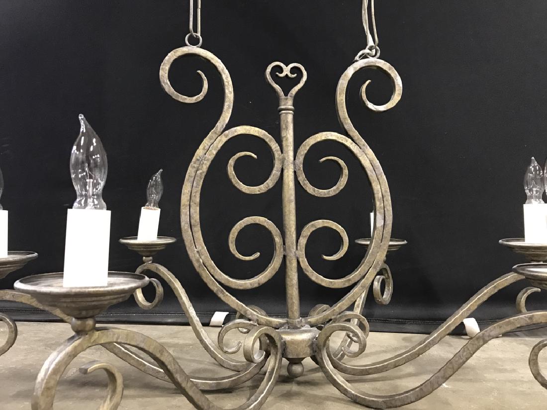 French Country Style 6 Arm Steel Chandelier: French country style 6 arm steel chandelier / Candelabra with candle bulbs. Chandelier measures approx 20 inches in height by 35 inches in width by 23 inches in depth. Decorative indoor lighting, Fren