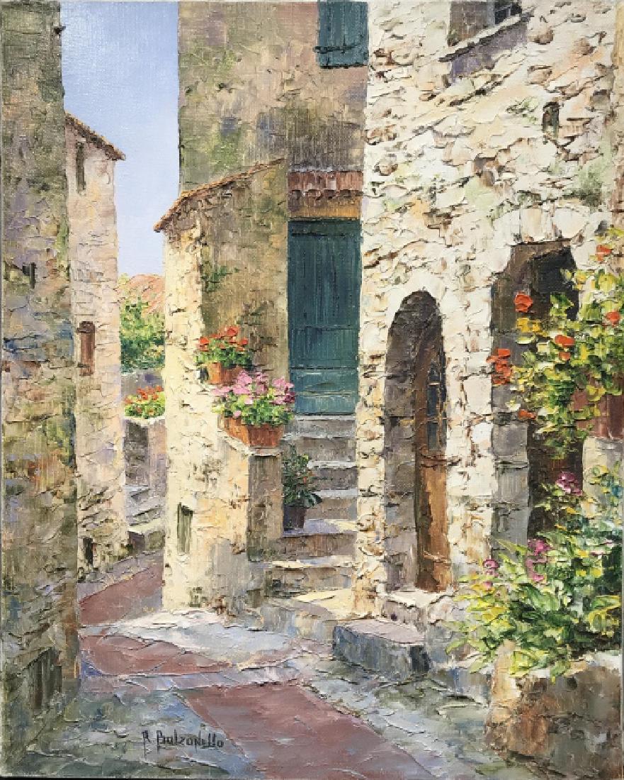 Signed BOLZONELLO Oil Painting Of Courtyard: Signed BOLZONELLO Roger oil painting on canvas of courtyard scene. Signed along bottom of image. Verso has certificate of authenticity along with original receipt of purchase. Artwork comes with paint