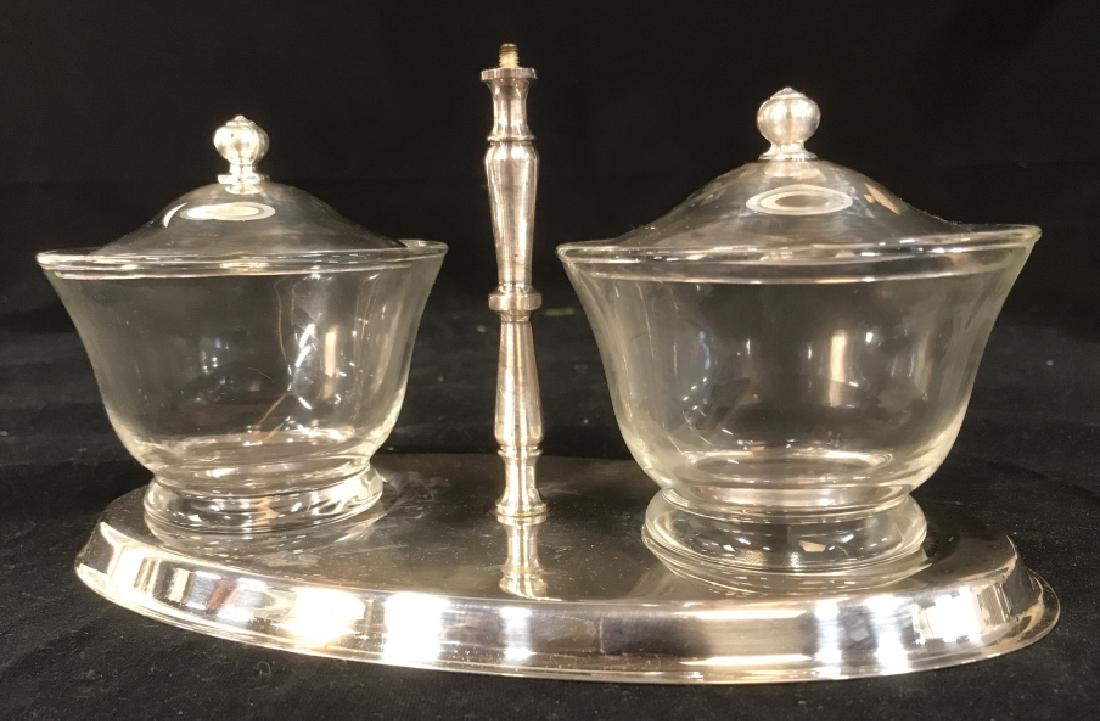 FB Rogers Silver Plate Condiment Jar on Stand: FB Rogers Silver Plate Condiment Jar on Stand, overall measurements 9 in x 3 in good condition, with label on underside for FB Roger Silver Company, Taunton, Mass, Silver Plate Accessories, Table Top 