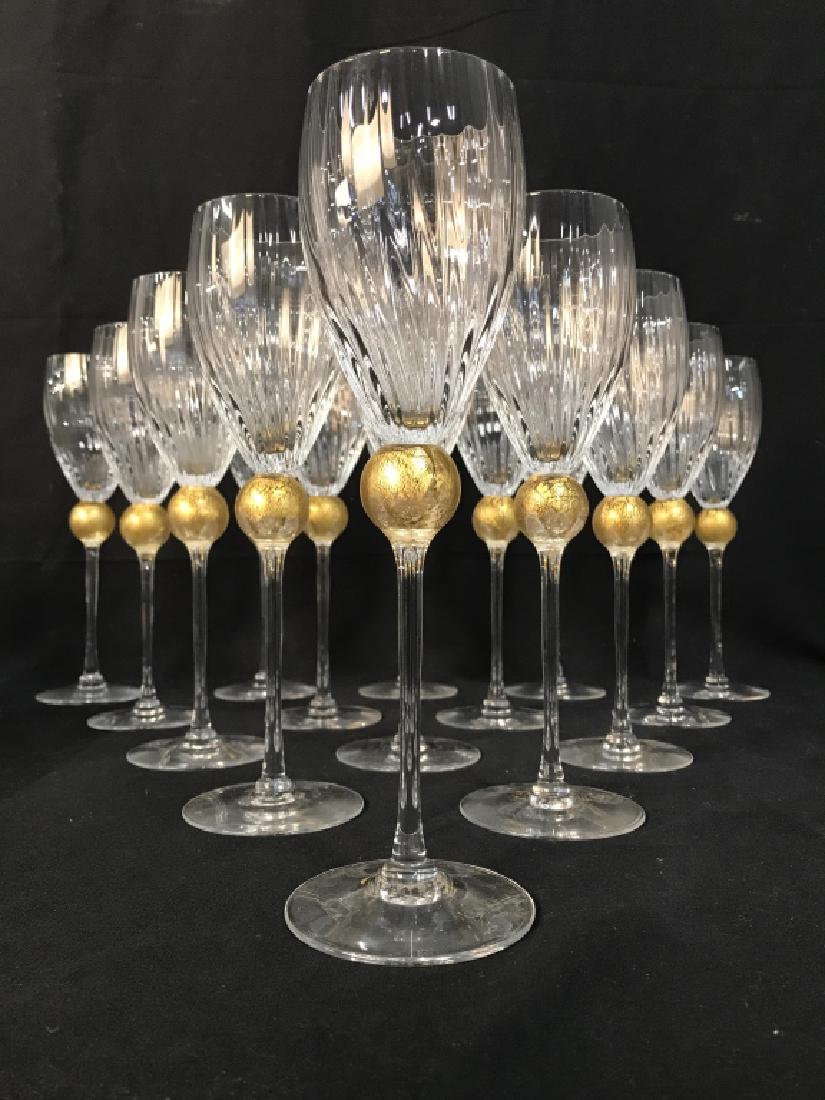 Set 15 Signed Crystal And Gold Fleck Wine Glasses: Set 15 Vintage Signed Crystal And Gold Fleck Wine Glasses, tall and slender with optic swirl design, measures approximately 10.5 inches tall x 3 inches in diameter, no condition issues noted, signed i