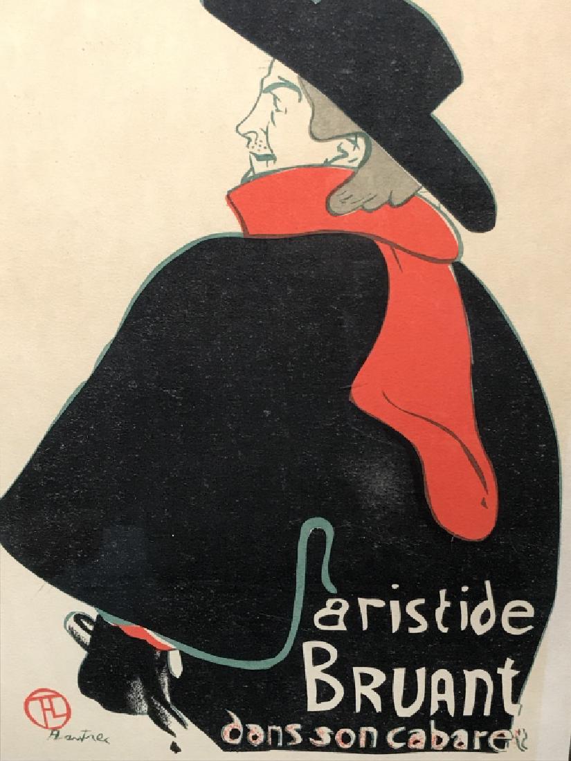 Small-scale Lithograph, Toulouse-Lautrec’s Bruant: Small-scale Framed lithograph or facsimile print of a Toulouse-Lautrec’s portrait of Aristide Bruant. Artwork is matted and in gold tone wood frame. Measures approx 18.5 inches in height by 14.75 in