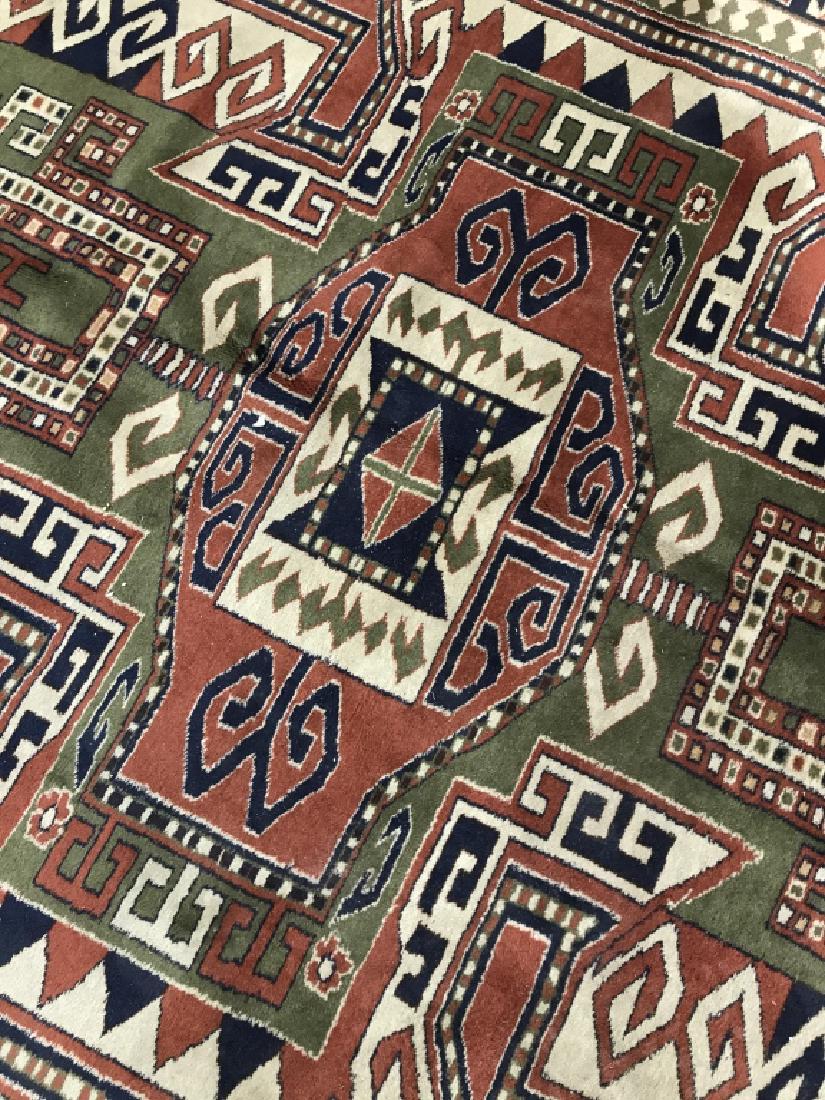 Hand Made Turkish Kazak Style Wool Carpet: Hand Made Vintage Turkish Kazak Style Wool Carpet In burnt sienna, moss green, black and beige toned geometric design, 30-40 year old carpet, copy of an antique, measures approximately 104 inches x 81