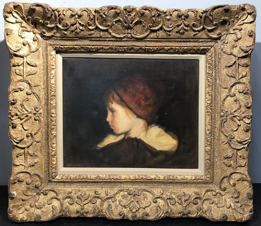Signed Stuart Kaufman Oil Painting of Young Child: Signed Stuart Kaufman Oil painting on Canvas, depicting portrait of a young child. Signed in lower left corner. Artwork is lined and in floral carved wood frame. Some minor chipping of frame. Measures