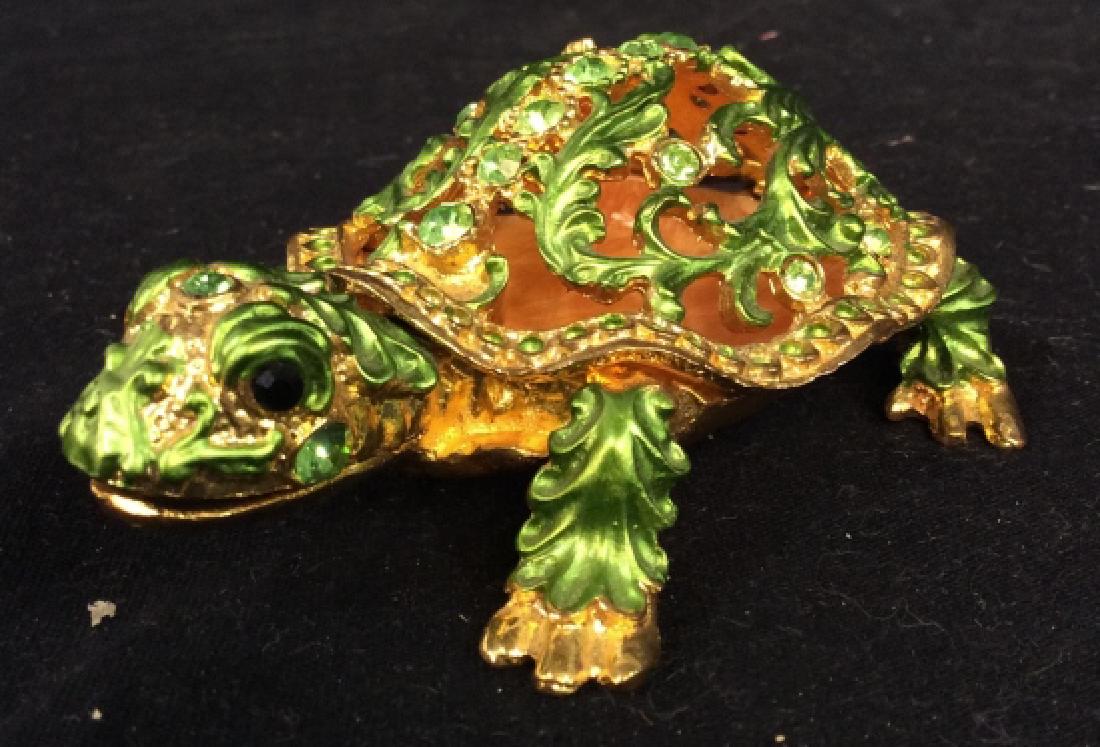 Jeweled Turtle Keepsake Box: Desk top accessory, pill box Turtle Figural, Lidded Box, measures app ht 2 inches, length app 4 inches