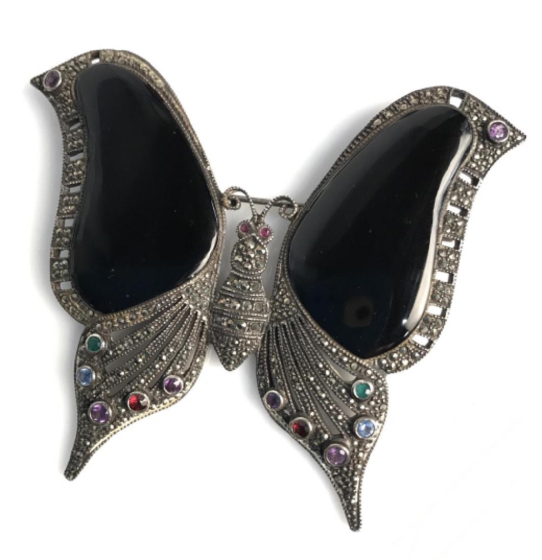 Sterling Onyx Marcasite Art Deco Butterfly Brooch: Vintage Sterling, Onyx, Marcasite, Art Deco Butterfly Brooch with multicolored gemstones decorating the edges, tested positive for gemstones, marked on reverse 925 Thailand, measures approximately 3 i