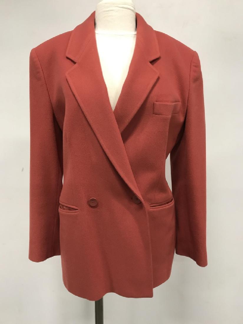 GIORGIO ARMANI Luxury Designer Suit Blazer: GIORGIO ARMANI Italian luxury designer coral tone wool blend suit blazer coat. Blazer appears to be men’s. Label reads for Giorgio Armani, Size 46, 48% Wool 30% Cashmere. Men’s blazer coat, tailor