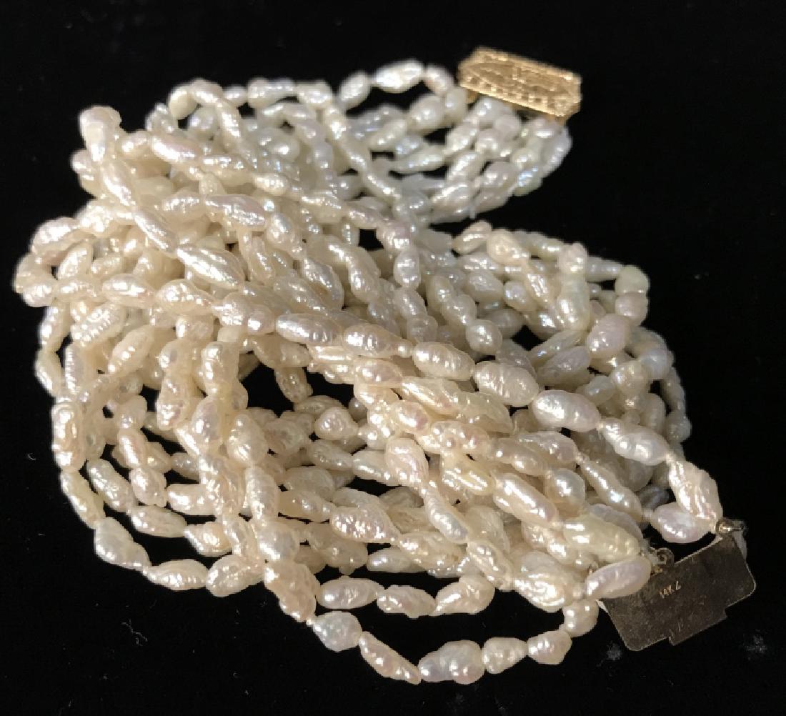 Freshwater Pearl choker with clasp marked 14k: Freshwater Pearl choker with clasp marked 14k-, good condition, 9 strands of pearls14 1/4 in long, Seed Pearls, Necklace, 14k -, Freshwater Pearls, Ladies Jewelry, 5