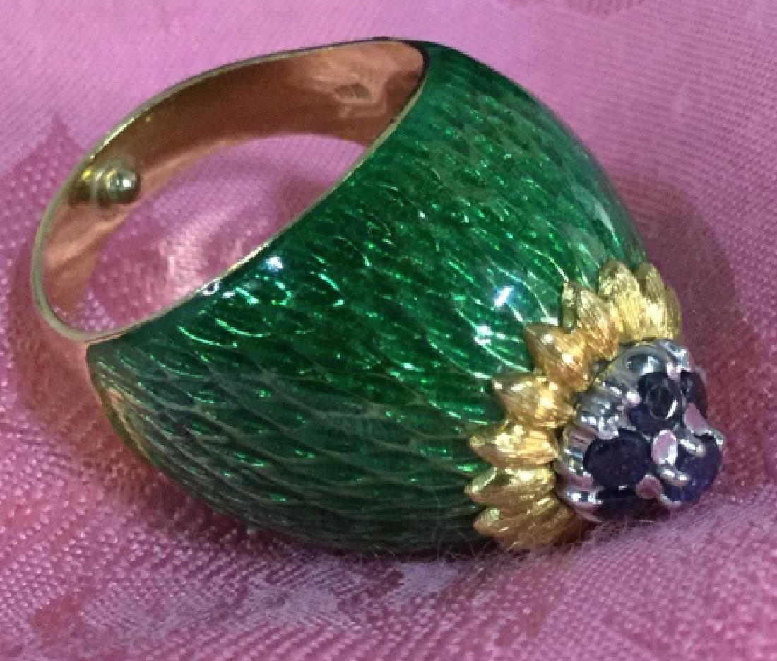 Oversized Cocktail Ring, Rhinestones W Enamel: Oversized Cocktail Ring, with large dimensional green toned enamel face topped with blue toned rhinestones, gold toned body, Cocktail ring, statement jewelry, fashion accessory, fits size 6/7. 4