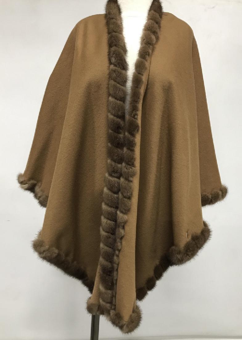 LORO PIANA Luxury Designer Cashmere Shawl: LORO PIANA Luxury Designer cashmere Dress shawl with fur trim. Cashmere is tawny brown in tone. Fur trim is possibly chinchilla. Label reads for LORO PIANA, Italy, 100% cashmere. Button details. Measu