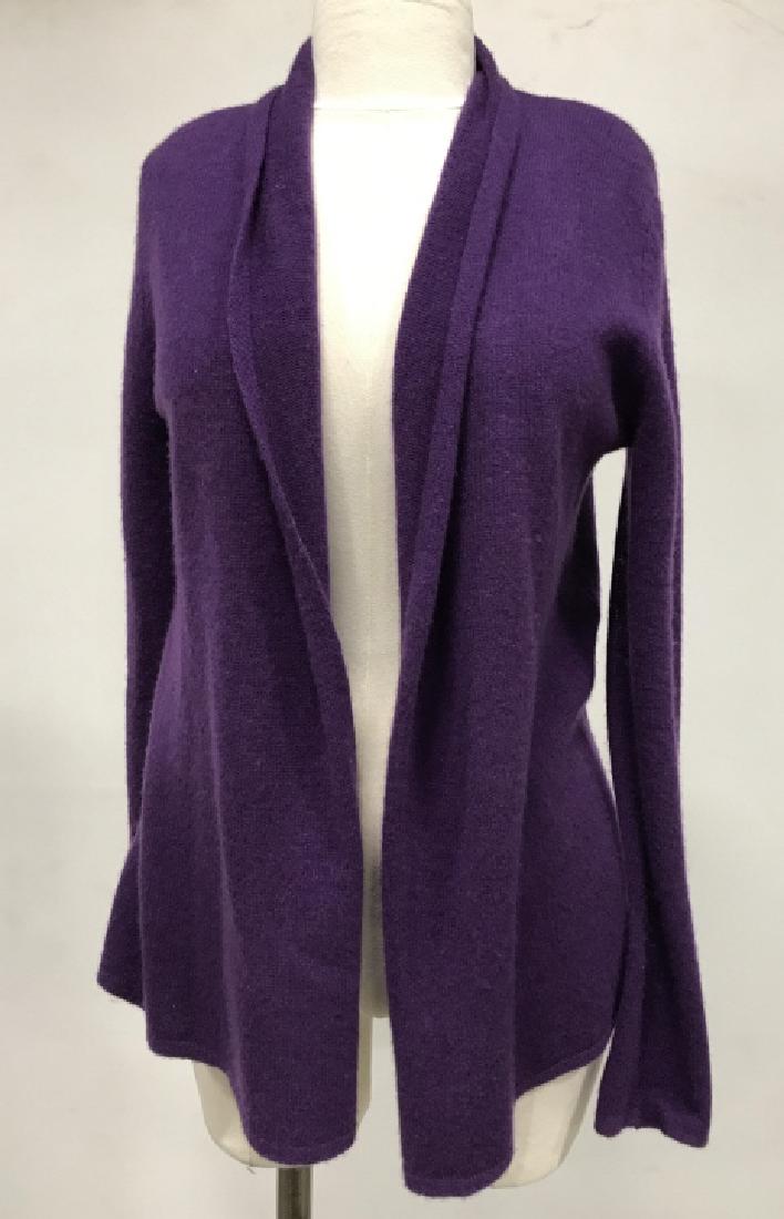 SPRUCE Designer Cashmere Open Front Cardigan: SPRUCE Designer 100% cashmere open front cardigan. Cardigan is royal purple in tone. Label reads for Spruce, Size S / M. Designer women’s ladies’ cashmere cardigan, cold weather clothing, women’