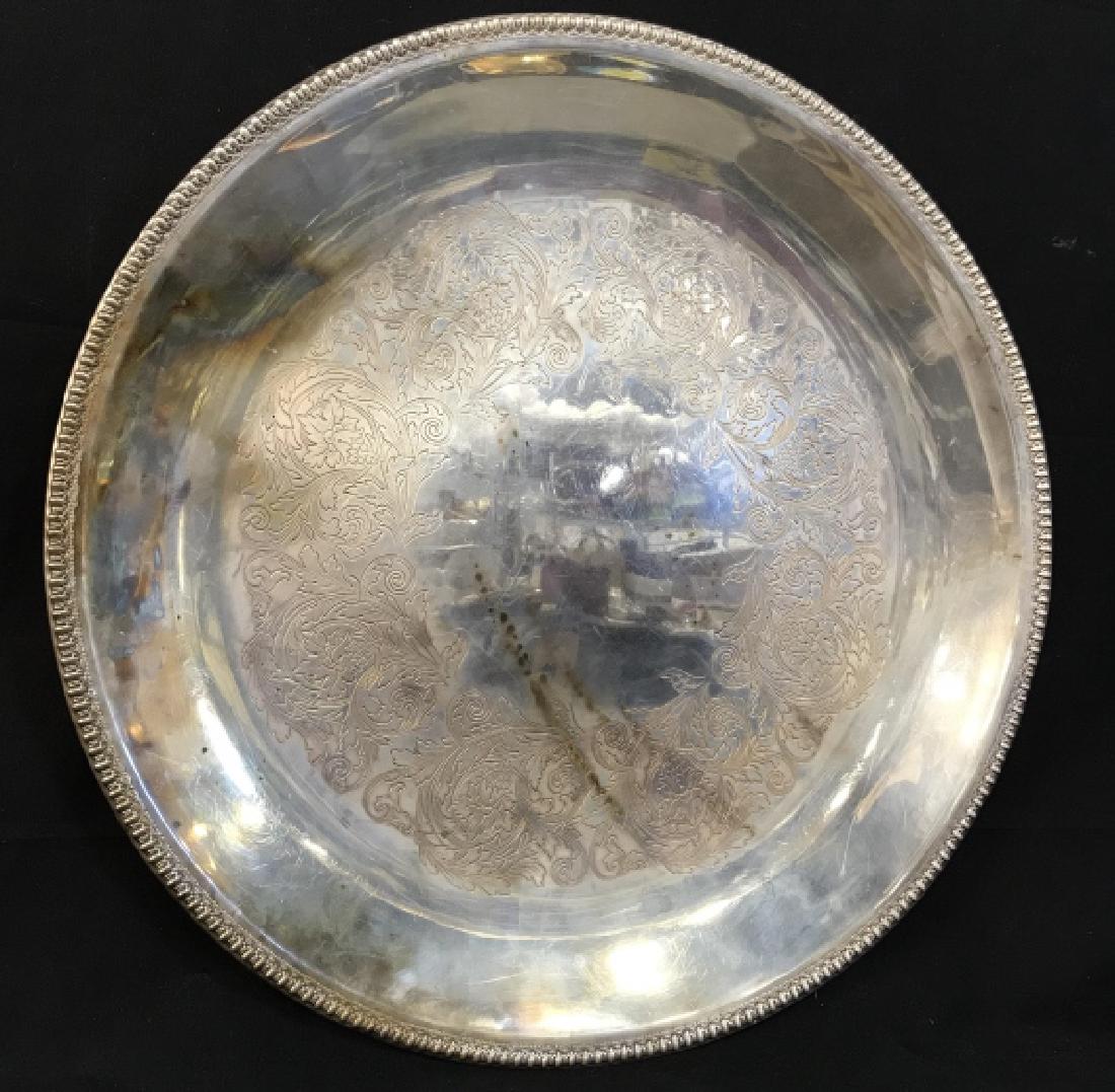 Oversized Silver Plate Servings Platter: Oversized Silver Plate Servings Platter, 20in diameter, hallmarked Wilcox Silver plate on underside, good condition, etched floral on interior, Silver Plated Serving Ware, Tableware, kitchenware, Form