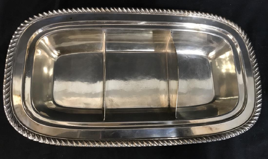 Silver Plated 3 Compartment Serving Dish: Silver Plated 3 Compartment Serving Dish, 17 in x 10 in, hallmarked for silver plate on underside, numerals and , Good condition, Silver Plate Serving Ware, Easter Holiday Tableware, Kitchenware, 5
