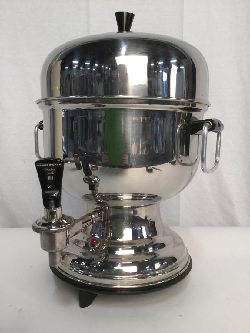 FARBERWARE Stainless Steel Percolator Coffee Maker: Farberware stainless steel automatic percolator coffee maker. Marked for Farberware on underside and on dispenser spout. Measures approx 16.5 inches in height by 10 inches in diameter. Item has not be