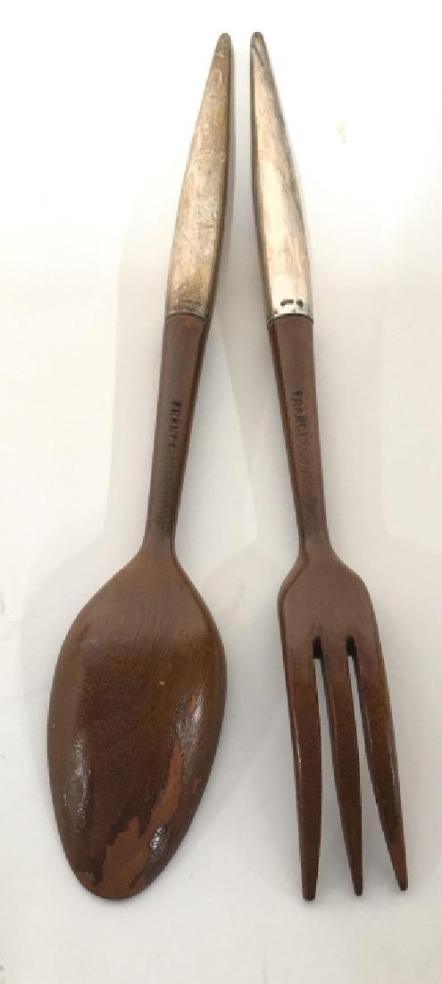 French Sterling Handled And Wood Serving Utensils: Vintage French Sterling Silver Handled And Wood Serving Utensils, marked Sterling on handles and marked France on wood, measures approximately 12 inches long x 2 inches at spoon width, some dings to s
