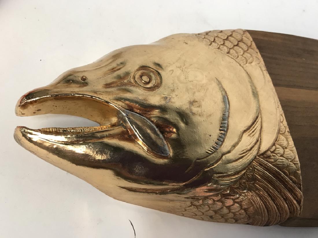 Oversized Wood and Gold Toned Fish Platter: Oversized Wood and Gold Toned Fish Platter, possibly a wall hanging, 34 in x8 in, good condition, Tableware, Platter, Fish Platter, Kitchenware, 5