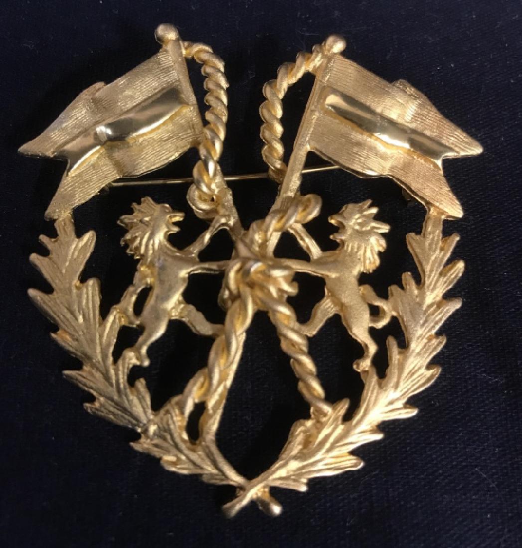 Brushed Gold Coat of Arms Pin Jewelry: Gold toned in bright style of 22k gold, coat of arms with lions and flags, possibly mi,Italy emblem pin,brooch, Estate jewelry, vintage jewelry, measures diameter app 3 inches