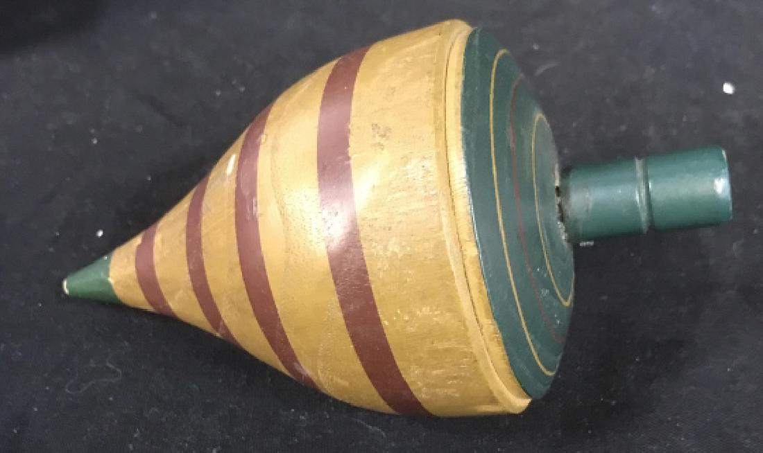 Early Painted Wood Spinning Top: Hand crafted folk art striped wood toy, spinning top, collectible wood toy, game, country style decorative accessory, measures app length 7 inches diameter app 3.5 inches
