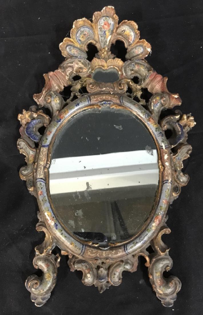 Antique Carved Hand Painted Double Mirror: Antique mirror with carved and scrolled wood, painted turquoise gold, much of paint has chipped off, measures app ht 17 inches width 9 inches