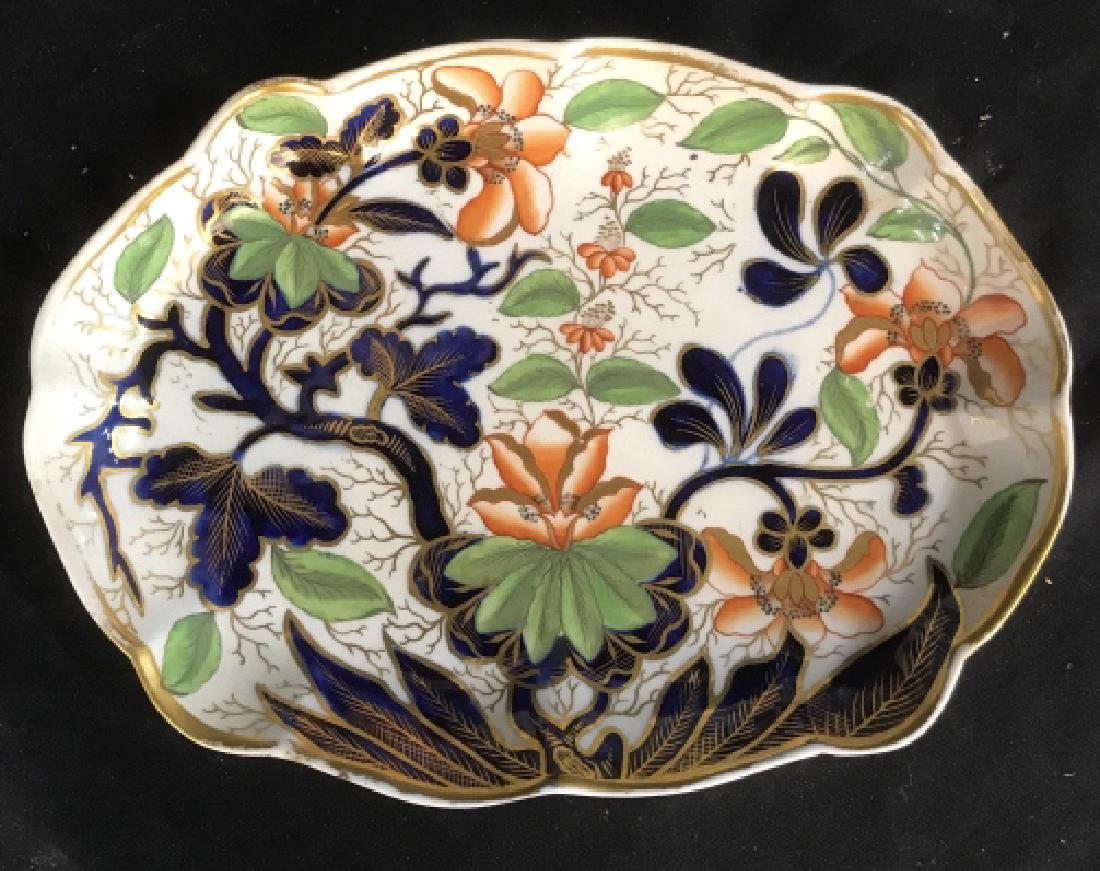 Antique Vintage Porcelain Platter: Possibly Coalport, possibly old Jade Patter, chinoiserie style, saffron, blue, gold gree, antique poss, tableware, collectible porcelain, measures app 10 by 7.5 inches Asian style arts and crafts, ori