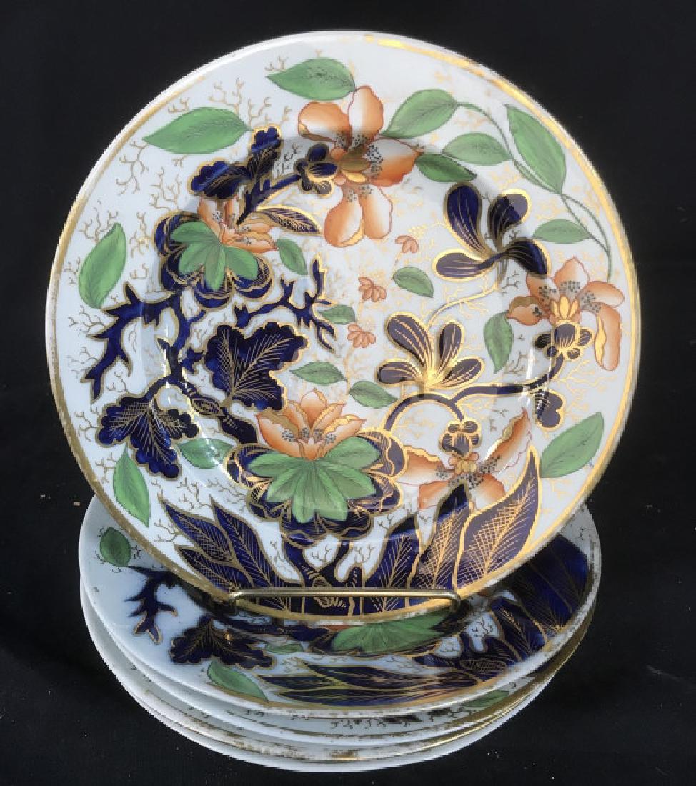 Set 5 antique Coal Port Porcelain Plates: Possibly coal port possibly old jade pattern, set of five plates each measures app 8.5 inches, wear to gold, colors of blue saffron, gold green, dinner ware, collectible porcelain, Asian design Asian