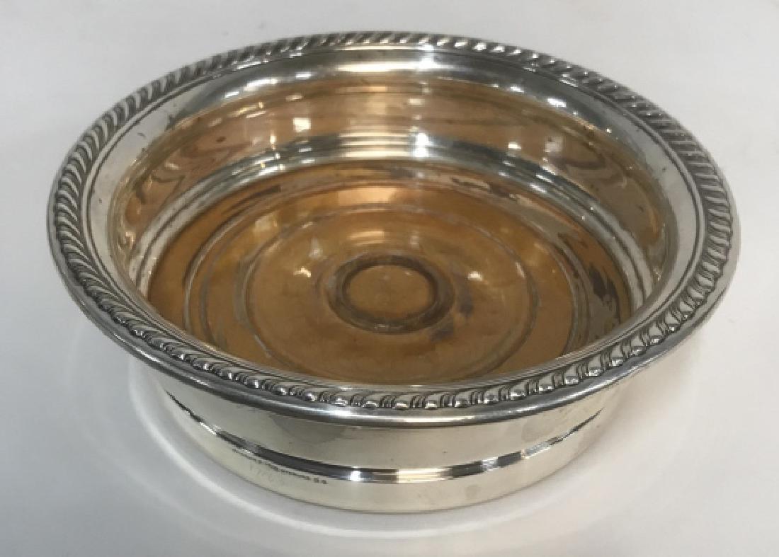 Sterling Silver Gorham Walnut Champage Coaster: Marked for Sterling Silver, numbered, marked for Gorham, possibly antique, tableware, bar ware, accessory, measures ht app 2.5 inches diameter app 7 inches, wine coaster