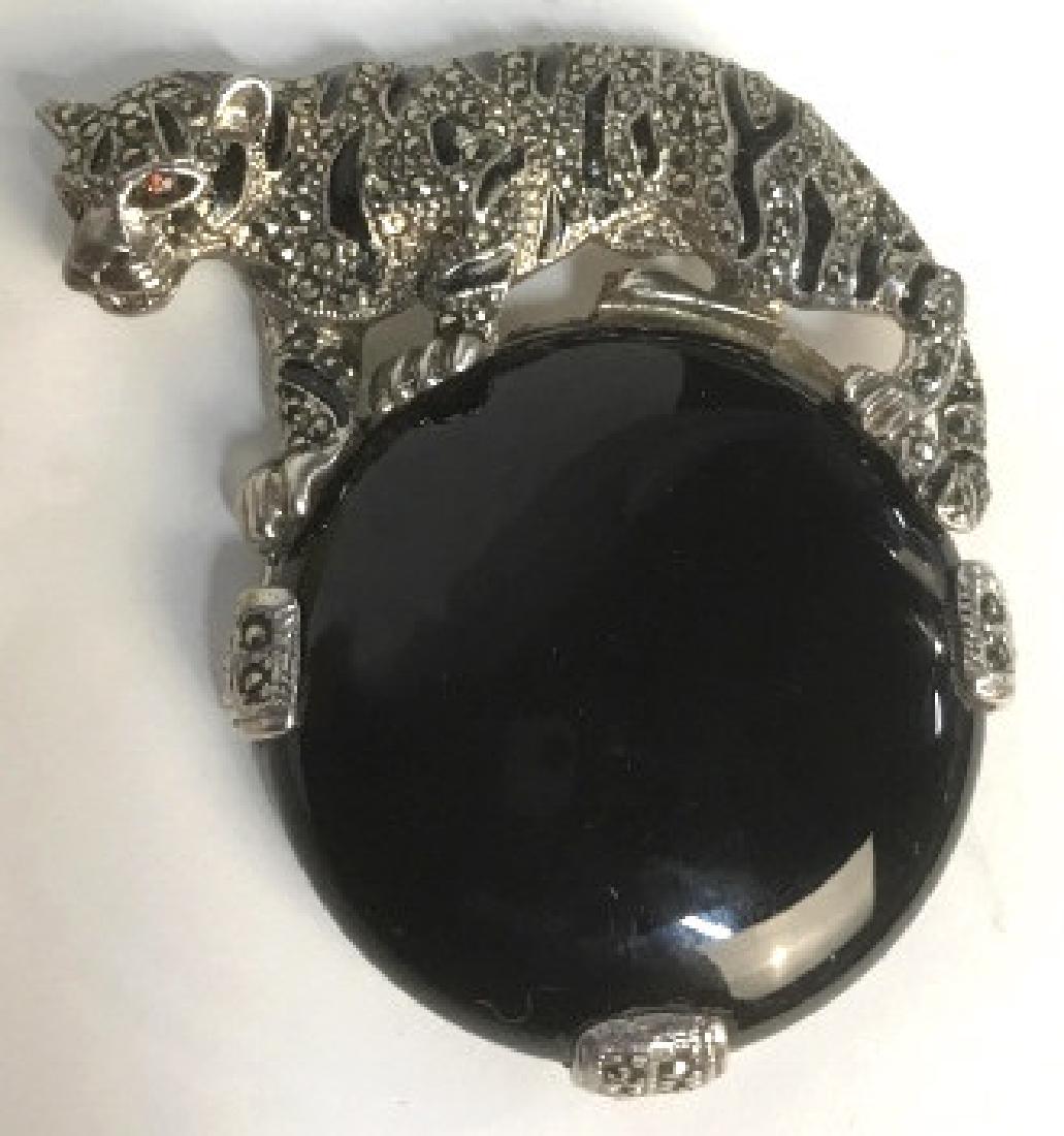 Sterling Marcasite Tiger Brooch Jewelry: Estate jewelry, vintage jewelry, Marcasite and sterling tiger perched on onyx circular stone, Art Deco style pin, brooch, jewelry, fashion accessory, wearable marked for Sterling, measures ht app 2.5 