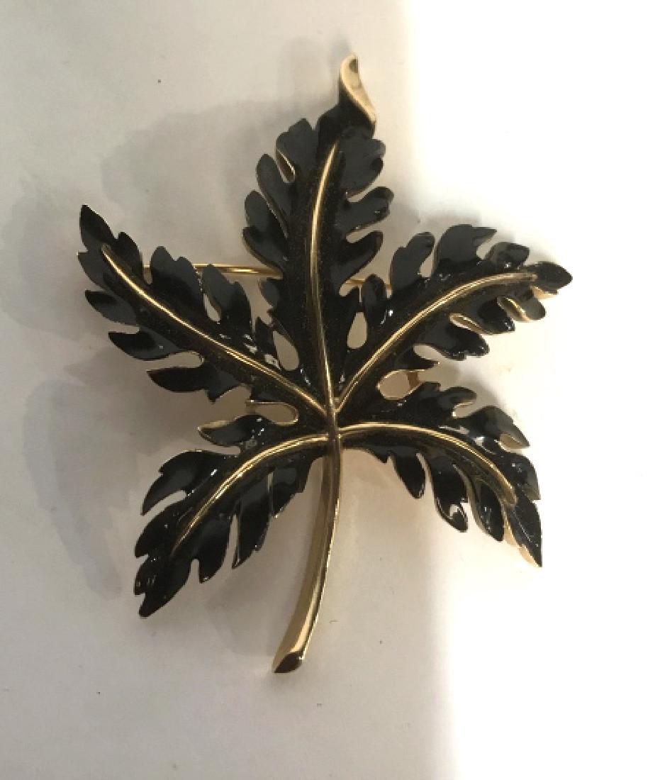 TRIFARI Signed enamel and gold toned Brooch: Leaf form pin, brooch, Estate jewelry, vintage jewelry, Signed, fashion accessory, wearable fashion accessories measures app 3 inches