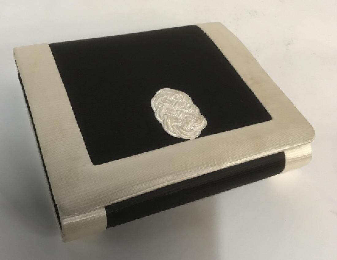 Vintage Ladies Envelope Flap Purse: Black and white possibly silk, label for La Regale, measures closed app 6.5 by 7 inches, comes w shoulder strap