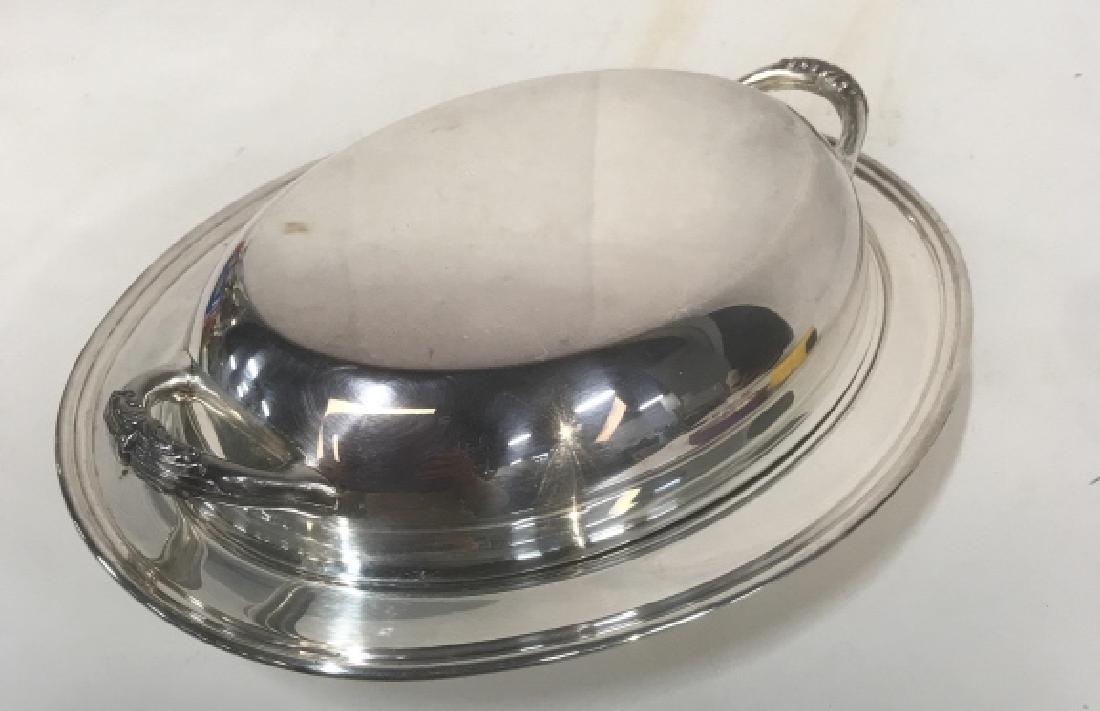 Sheets 1875 Lidded Silver Server: Silver toned Lidded covered serving dish, platter, tableware, marked underside for Sheets, 1875, , 1105, and trademark of scale balance, measures app length 11.5 inches width 9 inches ht 4.5 inches