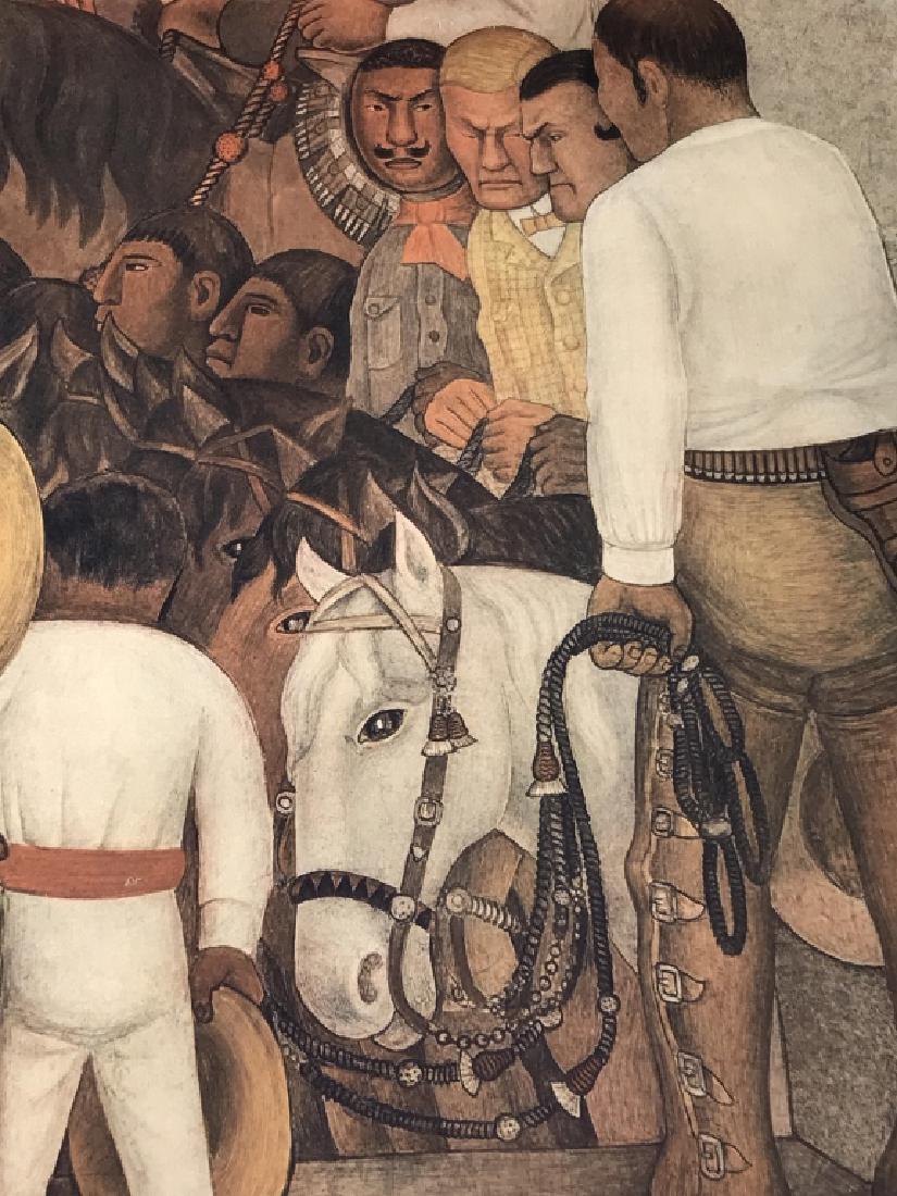 Signed DIEGO RIVERA Print, A Division of the Lands: Signed Diego Rivera art print of a detail from his work ‘A Division Of the Lands.’ Artwork depicts cowboys and horses, possibly in preparation for a race / competition. Print was printed by Ganyme